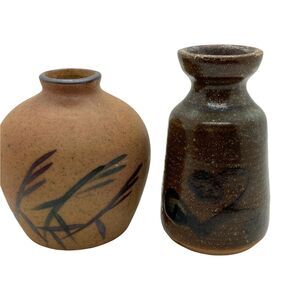 Mini Vases Set Of Two Beige Brown Ceramic Portable Signed Mid Century Charming